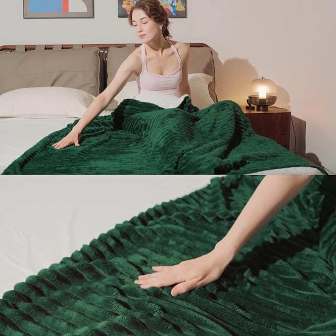 Green Sherpa Fleece Throw Blanket 60”×80” for Couch Sofa Bed,Double Side Soft Fuzzy Cozy Plush Thick Flannel Blanket with Striped Design,Gift for Adults,Woman,Girls