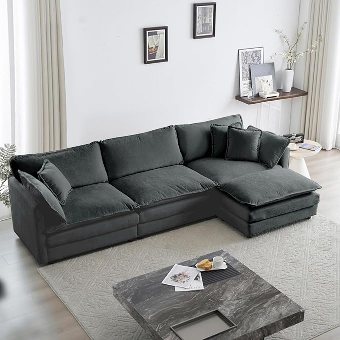KEIKI Combination Sofa, Upholstered 3 Seater Couch, Oversized L Shaped Sectional Sofa with Reversible Ottoman for Living Room Bedroom Office, Gray