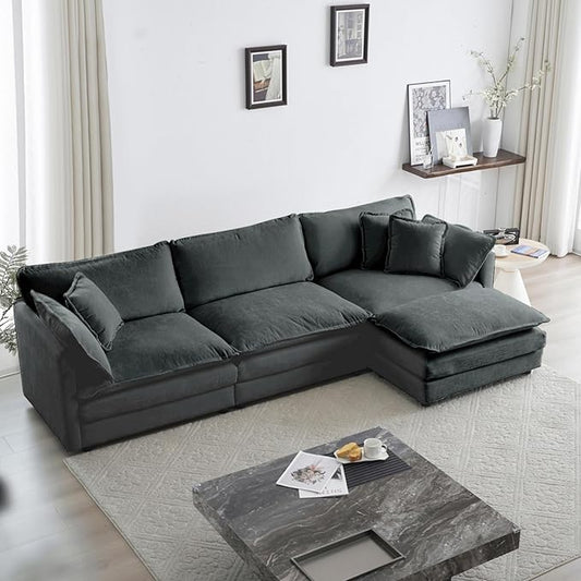 KEIKI Combination Sofa, Upholstered 3 Seater Couch, Oversized L Shaped Sectional Sofa with Reversible Ottoman for Living Room Bedroom Office, Gray