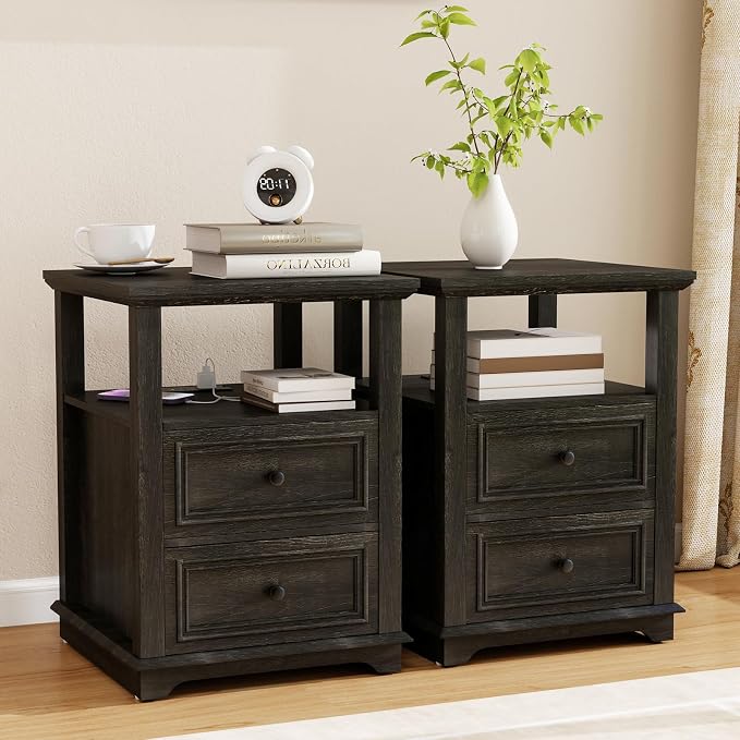 Vipbear 18" Nightstand with Charging Station Black Farmhouse End Table with Drawers Wood Night Stand for Bedroom Modern Bedside End Table with Open Shelf Storage Space - Image 6