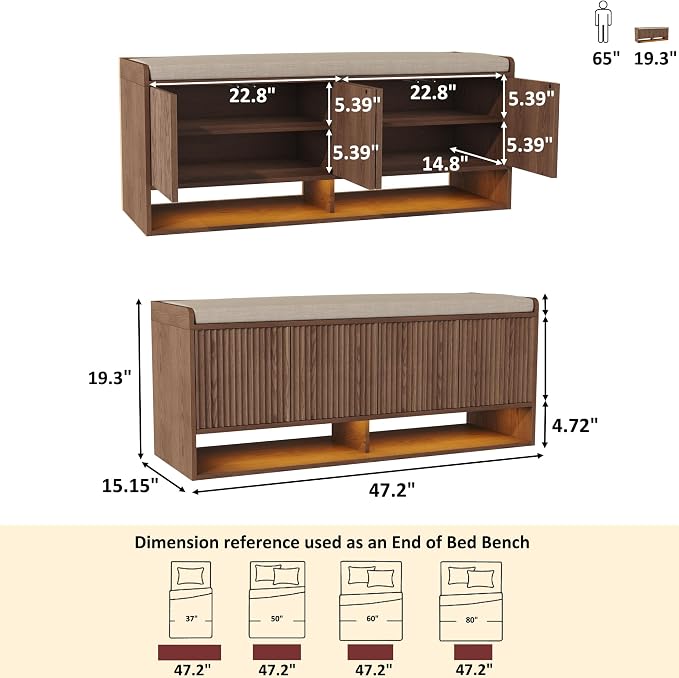 HOMEFORT 47.2" Fluted Shoe Storage Bench, Entryway Bench with Linen Seat Cushion, Shoe Cabinet Bench with Adjustable Shelf and Built-in LED Sensor Light, Bench for Bedroom End of Bed, Walnut - Image 2