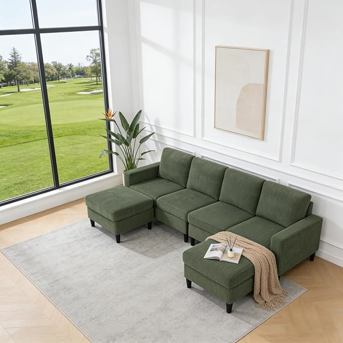 101" L-Shape Modular Sectional Couch, Convertible Corduroy Couch with 2 Ottomans, Modern 4 Seater Upholstered Modular Sectional Sofa for Apartment, Living Room, Dark Green