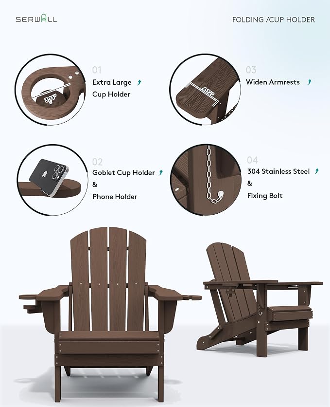 SERWALL Adirondack Chair with Cup Holders - Composite Adirondack Chairs Set of 4 HDPE Outdoor Chairs All Weather Use- Coffee - Image 7