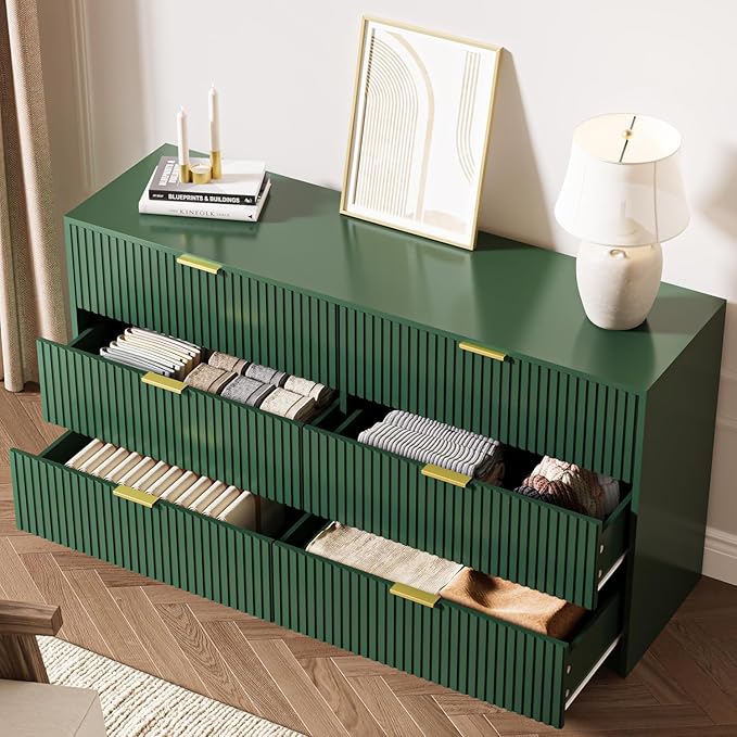 MAISONARIA 3-Piece Dresser Bedroom Set, 6 Drawer Dresser & 3 Drawer Nightstands with Gold Handles, Fluted Wood Chest of Drawers for Bedroom, Living Room, Entryway, Green