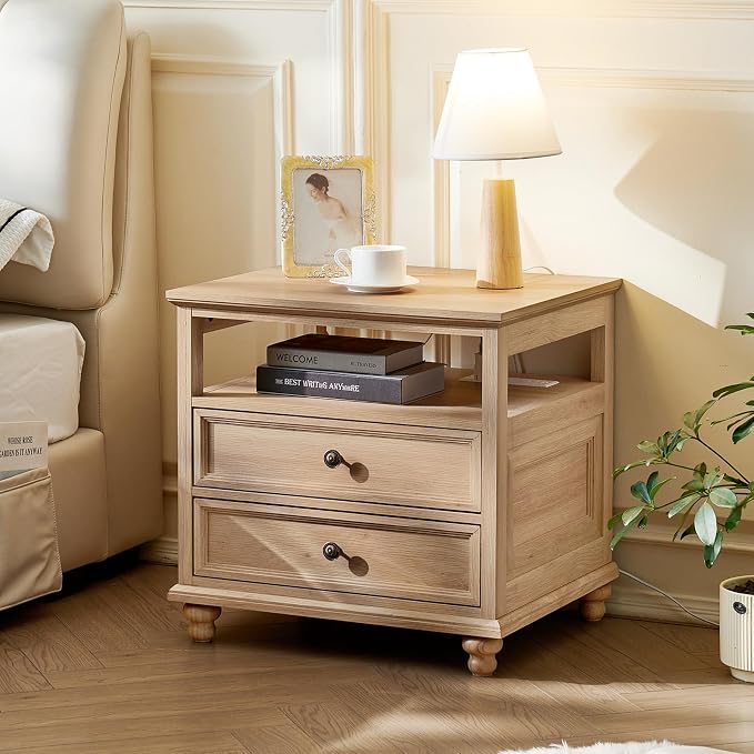 Joaxswe Farmhouse Nightstand Set of 2 with Charging Station, 24" Wide End Table with 2 Drawers,Natural Dresser for Bedroom,Bed Side Table Chest of Drawers Cabinet, Night Stand for Living Room - Image 3