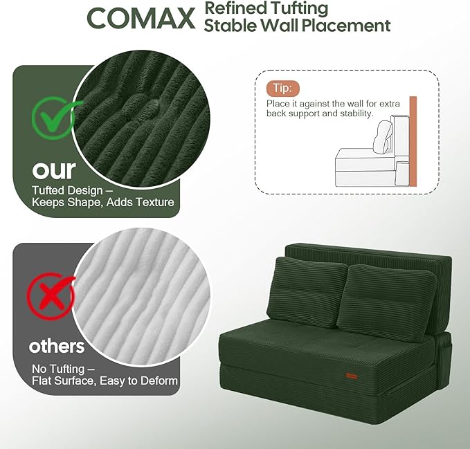 COMAX Folding Sofa Bed, Foldable Couch for Bedroom, Convertible Floor Sleeper Futon Chair Foam, Corduroy 3 in 1 Fold Out Chair Portable Comfy Lounge Couch Sofa Bed for Small Space, Twin, Green