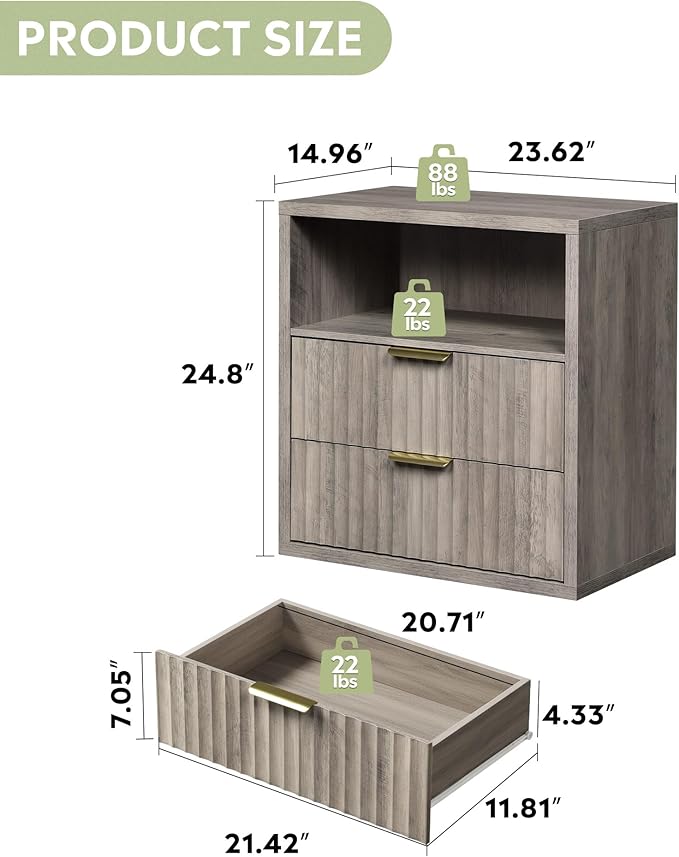 WLIVE Fluted Night Stand Set 2, Wood Nightstands Sets of 2 with Storage Drawers and Open Shelf, Mid Century Modern Bed Side Tables for Bedroom, Dorm, Greige - Image 2