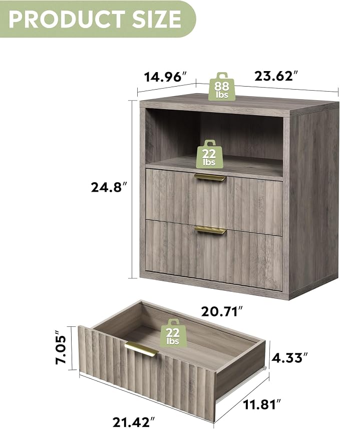 WLIVE Fluted Night Stand, Wood Nightstands with 2 Storage Drawers and Open Shelf, Mid Century Modern Bed Side Tables for Bedroom, Dorm, Greige - Image 2