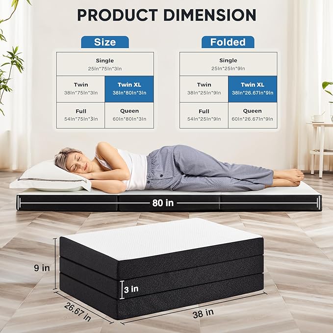 OLIXIS Tri-fold Memory Foam Mattress - 3 Inch TwinXL Size Portable Floor Bed, Foldable Mat for Adults, Collapsible and Washable Cover with CertiPUR-US Certified, for Travel & Camping & Yoga