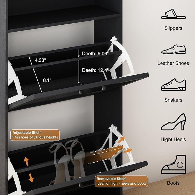Shoe Storage Cabinet with 2 Flip Drawers, 24" W Farmhouse Modern Hidden Shoes Rack Cabinet with Adjustable Shelves & Open Storage, Narrow Slim Shoe Organizer for Front Door Entrance, Entryway, Black - Image 3