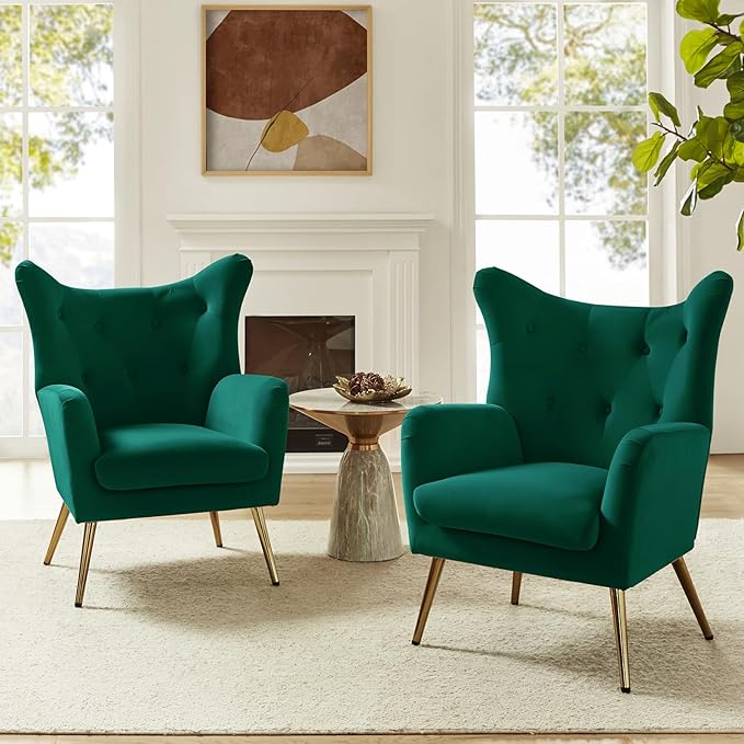 HULALA HOME Velvet Accent Chair, Modern Wingback Armchair with Metal Gold Legs, Velvet Tufted Upholstered Single Sofa Chair for Living Room Bedroom, Dining Room Accent Club Guest Chair (Green)