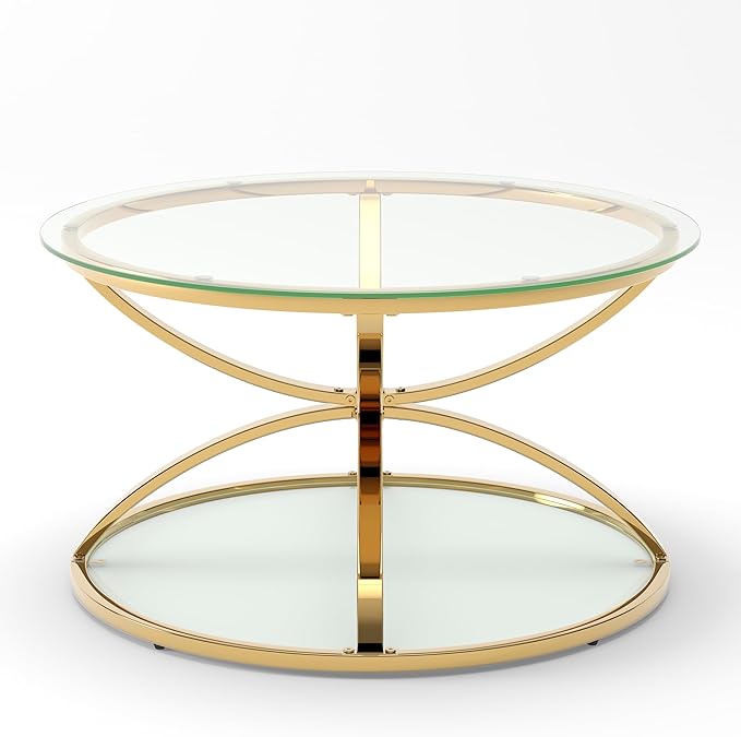 32" Tempered Glass Round Coffee Table Modern Gold Frame Dome Base Two Tiers Circle Living Room Center Tables