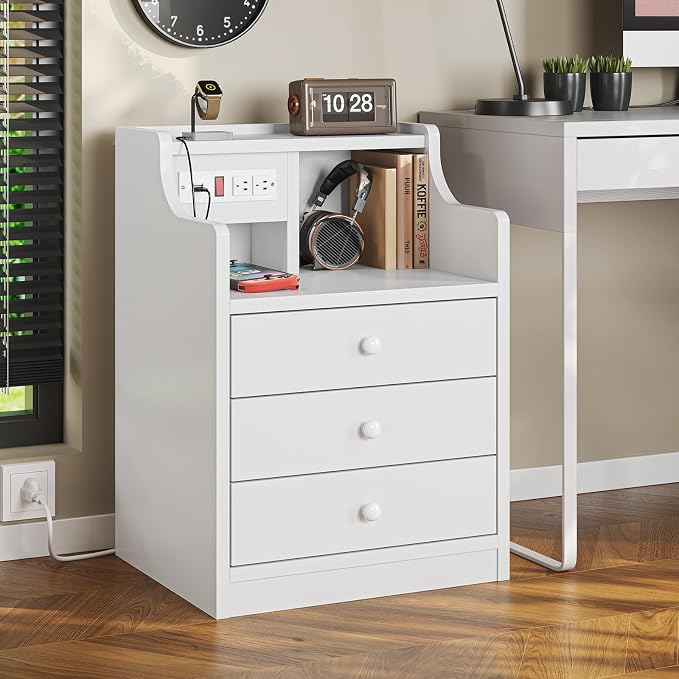 ADORNEVE Night Stand Set 2,White Nightstand with Charging Station & Hutch,Night Stands for Bedrooms Set of 2,Bedside Table with Drawers - Image 7
