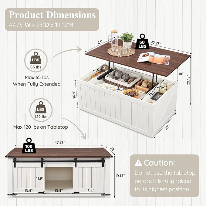 48" Lift Top Coffee Table, Farmhouse Cocktai with Sliding Groove Barn Door, Rustic Wood Center Table w/Double Storage Spaces for Living Room, White