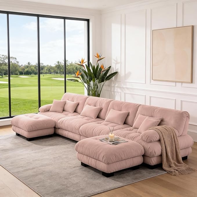 173.2" U-Shaped Cloud Couch, Oversized Modular Sectional Sofa, Deep Seat Cloud Boneless Couch, 4-Seat Modular Sectional Sofa with 2 Ottoman or Living Room,Bedroom and Apartment, Pink