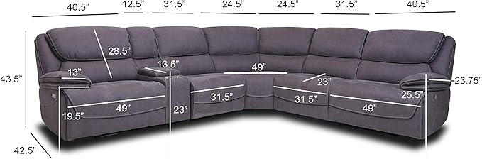 AC Pacific Levi 6-Piece Power Reclining Sectional Couch for Living Room, Transitional Fabric Upholstered Sofa with Storage Console and Cup Holders, Gray