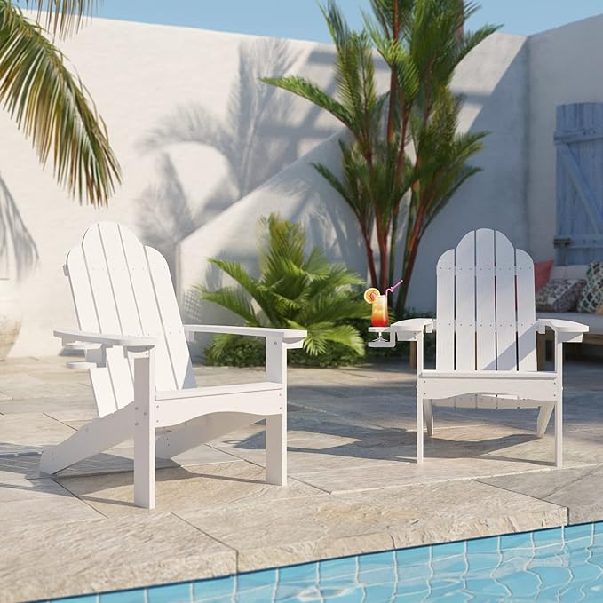 LUE BONA HDPS Adirondack Chairs, 1 Chair, Long-Lasting All-Season Outdoor Patio, Hidden Cup Holder, 350 LBS, White - Image 2