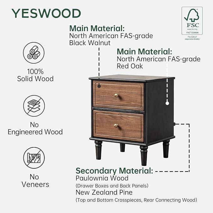 YESWOOD 100% Solid Wood Nightstand, Mid Century Modern Night Stand with Drawers, Wooden Nightstands for Bedroom, Small Night Stands Bedside Tables (Black/Walnut, 19.69" H) - Image 8