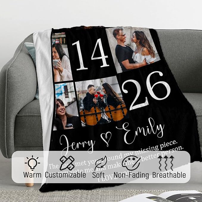 Ships Next Day Custom Blanket with Picture Customized Banket Personalized Throw Blankets Customizable Photo Blankets Customized Valentines Day Gifts for Her Him Girlfriend Boyfriend Wife Husband