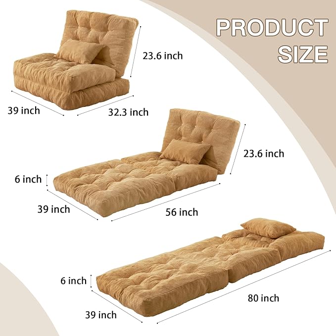 Folding Sofa Bed, Convertible Sleeper Chair with Pillow Foldable Mattress with Back Support, Portable Fold Out Chair Bed Comfy Floor Sofa Lounge for Living Room Bedroom, Yellow Twin 80x39 Inch