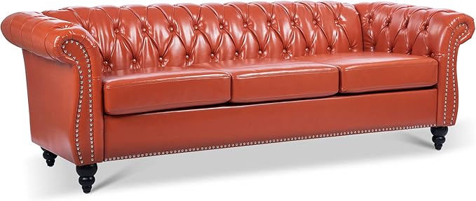 ERYE 84.5-Inch Classic 3 Seat Chesterfield Sofa Couches for Living Room Bedroom, 3 Seaters Button Tufted Faux Leather Upholstered Chesterfield Sofa Couch,Wood Legs | Button Tufted, Easy to Assemble, Nailhead, Removable Cushion