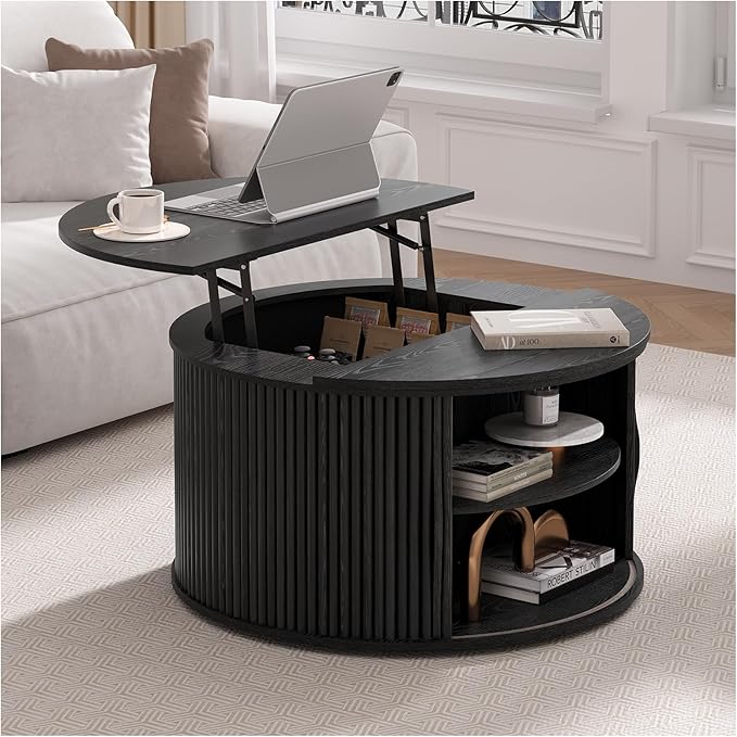 SULIVES Round Coffee Table with Lifting Top, Multifunctional Lift Top Drum Coffee Table with Sliding Door, Small Fluted Center Table for Living Room,Black