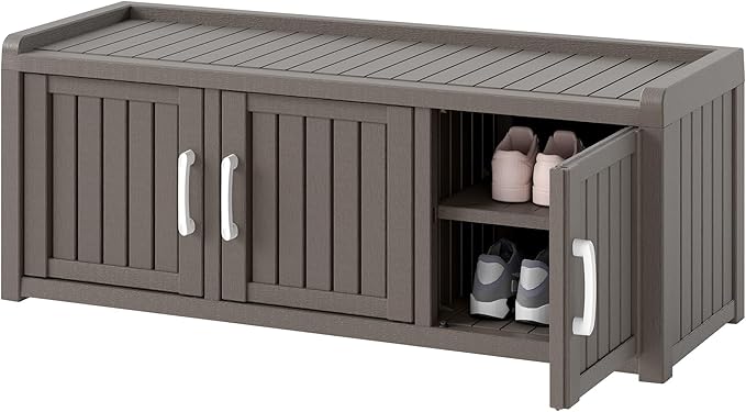 NUNU LAB Shoe Storage Cabinet, Waterproof Shoe Organizer with Adjustable Shelves, UV-Resistant Entryway Shoe Cabinet Bench with 3 Barn Doors for Indoor Outdoor, Foyer, Hallway, Living Room,Grey by NUNULAB