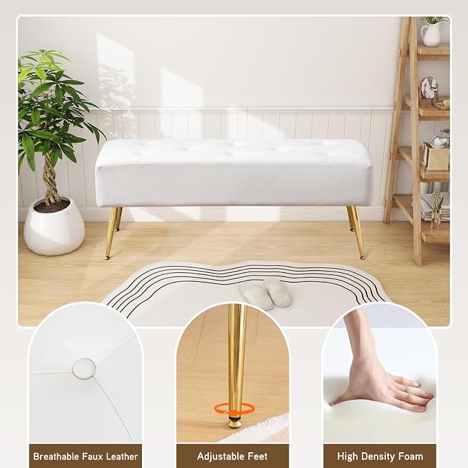 Furnimart Upholstered Tufted White Bench Ottoman with Padded Seat, Footrest Foot Stool with Sturdy Metal Leg, White Leather Bench for Bedroom Living Room Entryway - Image 5