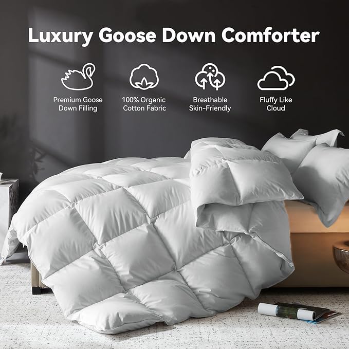 L LOVSOUL Goose Feather Down Fiber Comforter King Size, 100% Organic Cotton Fabric Duvet Insert,1200TC,750+FP, Hotel Collection, All Season Light Grey Bedding Comforters with 8 Tabs