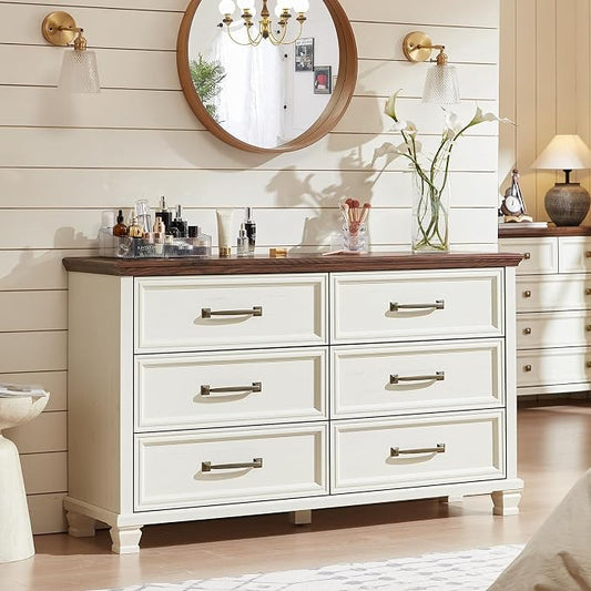SAVOR LIFE Farmhouse White 6 Drawer Dresser for Bedroom, 54 inch Wide Vintage Large Chest of Drawers with Square Wood Legs, Rustic TV Console for Living Room, Wooden Storage Closet Dressers for Home by SAVORLIFEFurniture