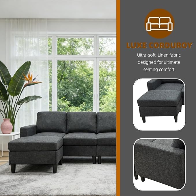 101" L-Shape Modular Sectional Couch, Convertible Linen Couch with 2 Ottomans, Modern 4 Seater Upholstered Modular Sectional Sofa for Apartment, Living Room, Charcoal Black