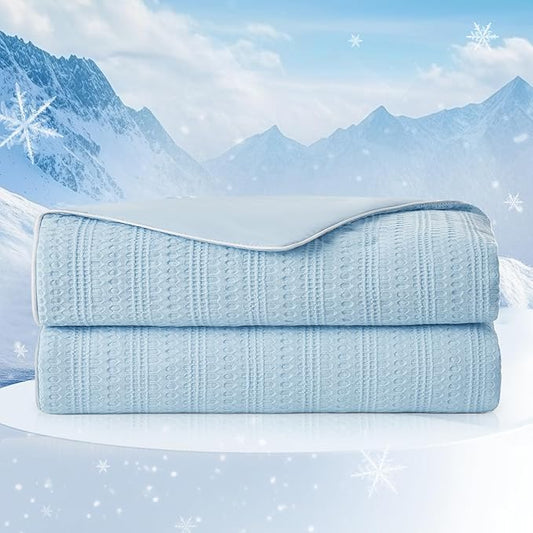 Amélie Home Waffle Cooling Comforter King Size, Q-Max 0.45 Reversible Lightweight Cooling Blanket for Hot Sleepers, Breathable Bedding for Night Sweats, 106"x90", Sky Blue