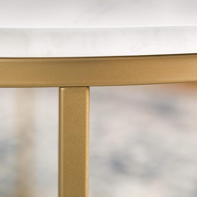 Walker Edison Modern Glam Round Accent Faux White Marble Coffee Table with Gold X-Base, 35.5 Inch