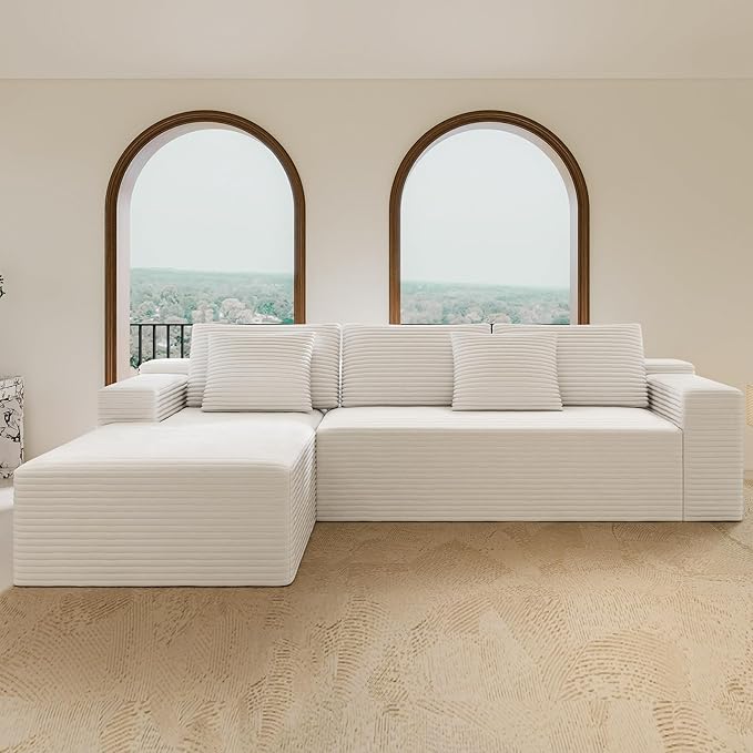 White sectional couches for Living Room Corduroy Couch，104" Cloud Sectional Couch with L-Shape Chaise， Modern Modular Sofa, Deep Seat Comfort, No Assembly Required(Plush Corduroy Fabric)