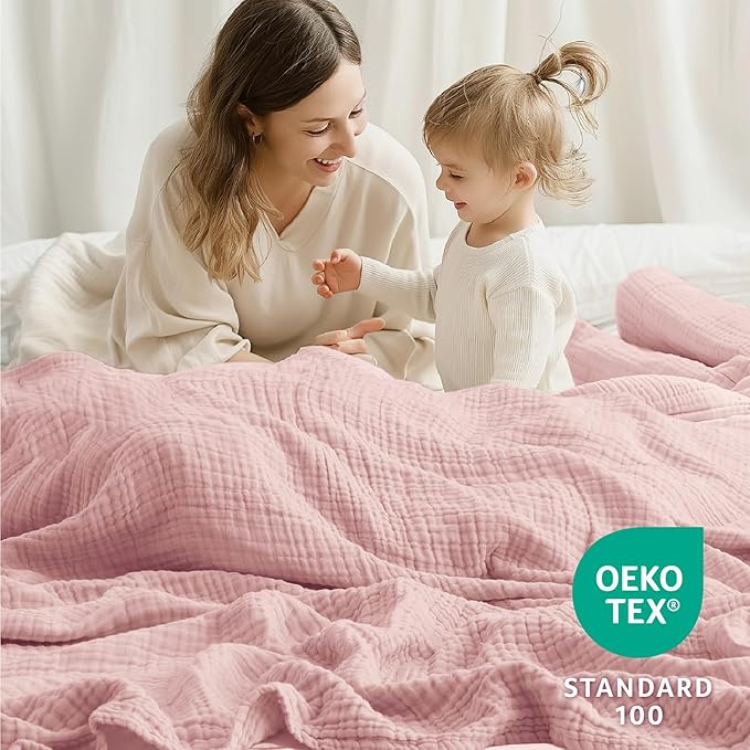 100% Cotton Muslin Blanket Twin 66" x 90", 6 Layers Breathable and Lightweight Cotton Blankets for Couch, Soft Cooling Summer Gauze Blanket for Adults All Season, Dusty Rose‌