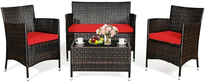 HAPPYGRILL 4PCS Patio Furniture Set Outdoor Rattan Wicker Conversation Set with Cushioned Sofa and Coffee Table for Porch Backyard Garden Poolside