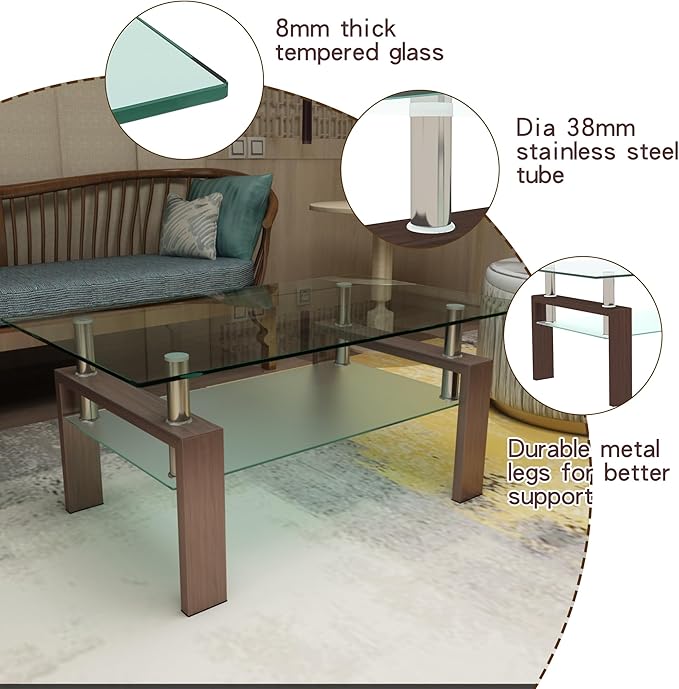 39.4'' Rectangle Glass Coffee Table, Brown Coffee Table with Tempered Glass & Metal Legs, 2-Tier Modern Center Table with Storage Shelf, Clear Glass Coffee Tables for Living Room, Apartment, Office