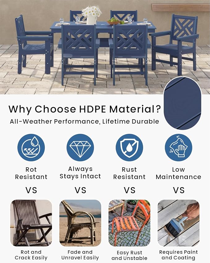 7-Piece Outdoor Dining Set, HDPE All-Weather Patio Table and Chairs Set for 6, Outdoor Patio Furniture Sets with Umbrella Hole for Outside, Deck, Backyard, Garden (Navy Blue) - Image 3