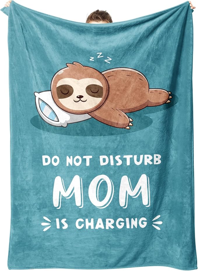 Funny Gifts for Mom Mothers Day, Mom is Charging Sloth Blanket, Birthday Gifts for Moms from Daguther Son, Moms Gift for Mothers Day, Soft Sloth Throws Blanket for Mother, Cyan, 60" x 80"