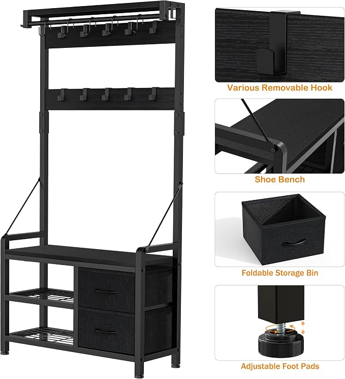 Lulive Hall Tree, 31.5” Entryway Bench with Coat Rack freestanding, 5 in 1 Intelligent Design Shoe Bench and Wall Rack 17 Hooks and Drawers (Black) - Image 5