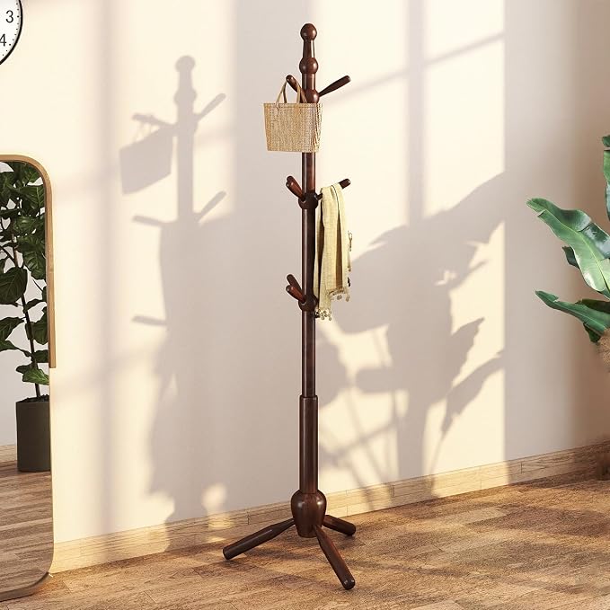 Solid Wood Coat Rack Stand, Vintage Heavy Duty Coat Hanger Stand with 9 Hooks, 3 Adjustable Size Sturdy Coat Tree for Living Room, Entryway, Office, Hallway, Brown by Deenziilix