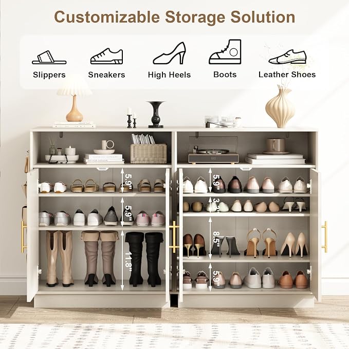 HOKYHOKY Rattan Shoe Storage Cabinet with 2 Arched Doors, 5-Tier Deep Shoe Organizer with Adjustable Shelves, Farmhouse Boho Shoe Rack Cabinet for Entryway, Rustic White - Image 4