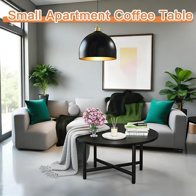 Coffee Table, 23.6" Coffee Tables for Living Room, Round Coffee Table with Metal Frame, Floor Table for Sitting on The Floor, Home, Office, Black