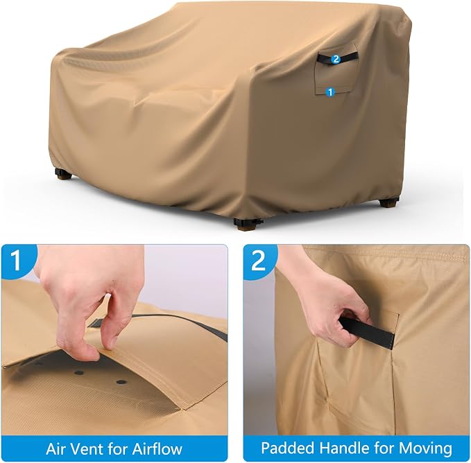 Heavy Duty Patio Sofa Cover, Mrrihand 3-Seater Outdoor Sofa Loveseat Cover, Outdoor Patio Furniture Cover with Air Vent and Handles, 88" W×33" D×32" H, Brown - Image 3