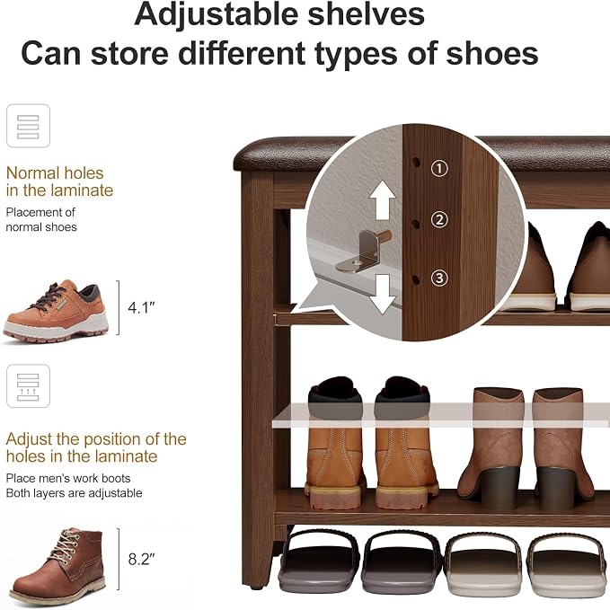 AQIMUELE Shoe Bench with Leather Cushion, 3 Tiers Shoe Storage Bench Height Adjustable, Walnut Wood Entryway Bench for Hallway, Mudroom - Image 3