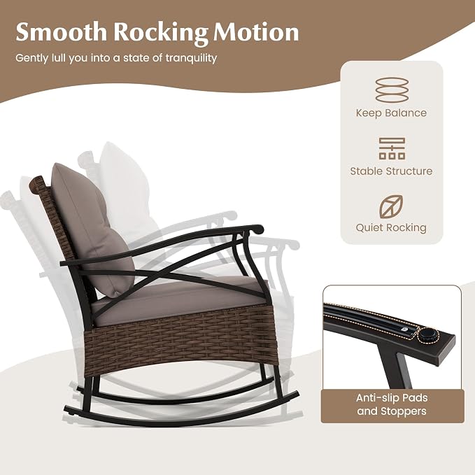 Tangkula 3 Pieces Outdoor Rocking Chairs Set, Rattan Heavy Duty Cushioned Rocker Chairs with 2-Tier Tempered Glass Coffee Table, for Garden, Balcony, Backyard - Image 2