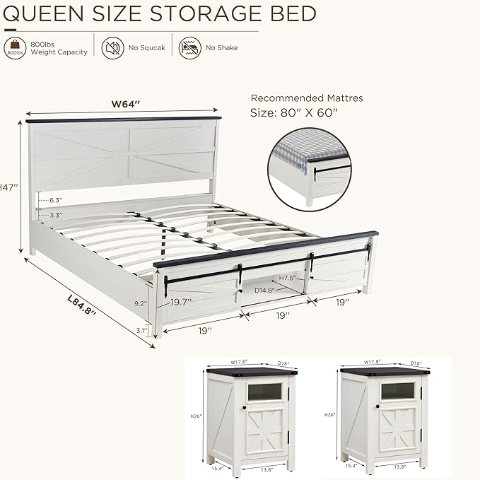 JXQTLINGMU 3 Pieces Farmhouse Bedroom Set-Queen Size Bed with 2 Nightstands of Sliding Barn Door Storage Cabinets, Solid Wood Slats Support, Noiseless, No Box Spring Needed, Off White