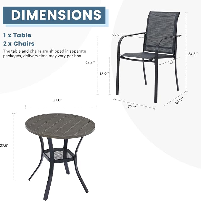 DIFY 3 Piece Outdoor Dining Set for 2, Patio Furniture Set of Small Round Metal Dining Table and 2 Textilene Stackable Patio Chairs, for Garden Porch Deck, Grey Wood-Like Tabletop & Grey Chairs - Image 8