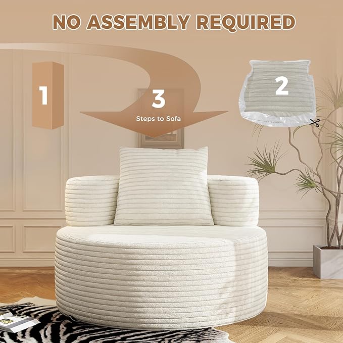 37.4" Boneless Round Chair, Oversized Chaise Lounge Cloud Chair Indoor, Upholstered Corduroy Deep Seat Sofa Accent Chair, No Assembly Required, for Living Room Bedroom Apartment