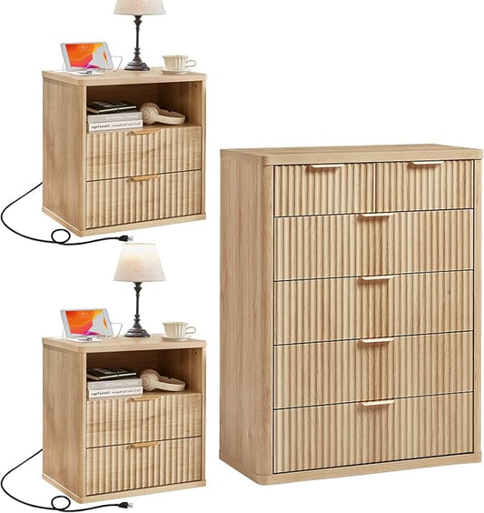 LEYAOYAO 42" Tall Fluted Dresser and 2 Drawers 23" Nightstand Set of 2, Wooden Dresser & Night Stand with Charging Station, 3 Piece Bedroom Furniture Set, Wood Chest of Drawer for Living Room,Natural